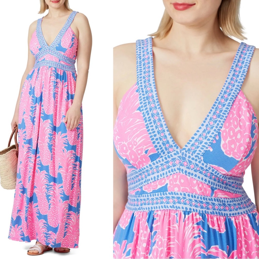 Lilly Pulitzer Taryn Maxi Dress Women’s 10 Pink Pineapples Resortwear Beach